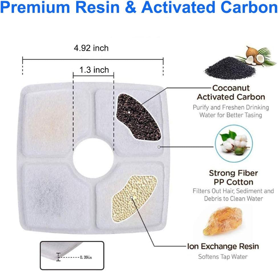 Pet Fountain Filters Replacement for 84Oz/2.5L Automatic Cat Water Fountain Dog Water Dispenser, Ion Exchange Resin and Coconut Activated Carbon Replacement Filter for Cat&Dog Water Fountain